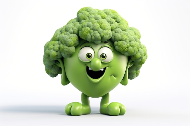 Confident Broccoli Cartoon Character in 3D on Transparent Background AI