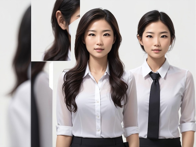 흰색 배경에 격리된 자신감 있는 비즈니스 아시아 여성의 깨끗하고 신선한 피부 슬림 핏 바디