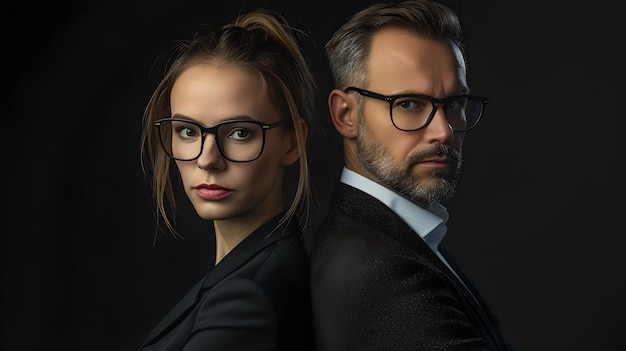 Photo confident business duo in formal attire professionals with glasses corporate style portrait teamwork and partnership concept ai