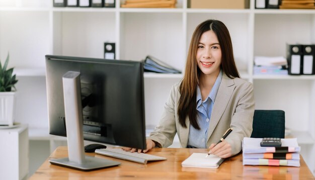 写真 自信のあるビジネスエキスパート魅力的な笑顔の若い女性がクリエイティブオフィスの机の上にデジタルタブレットを持っています