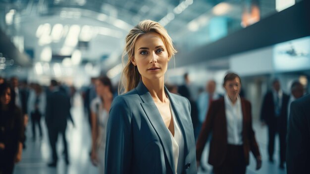 Foto leader imprenditoriale fiducioso che guarda la telecamera e si trova in un ufficio ritratto di una donna d'affari con i colleghi sullo sfondo