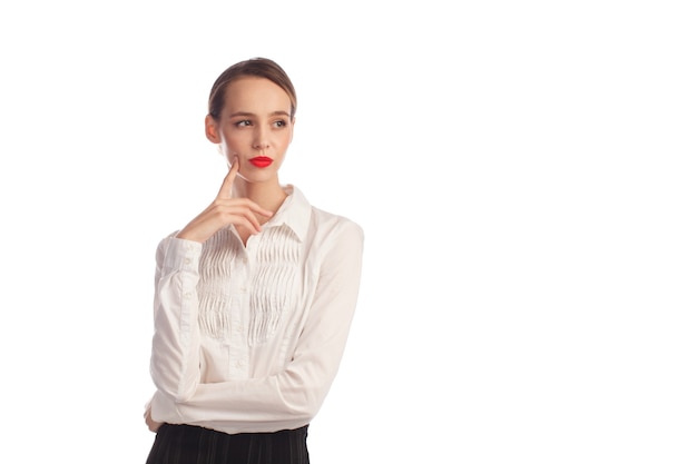 Confident business woman contemplation isolated on white background, copy space right