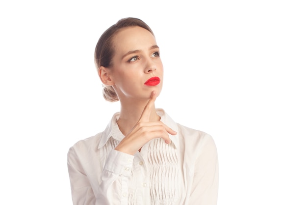 Confident business woman contemplation isolated on white background, copy space right