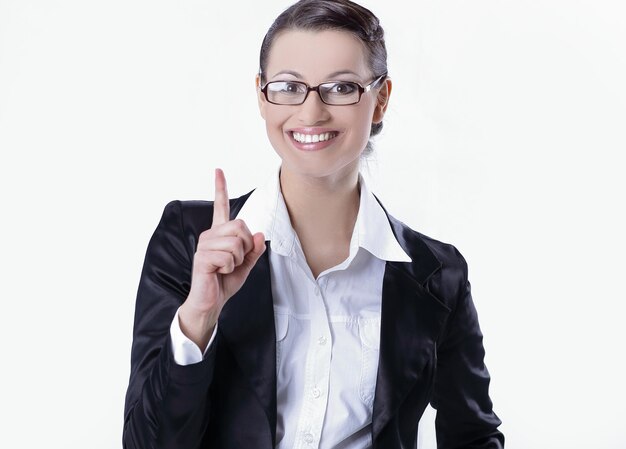 Confident business woman showing up at copy space