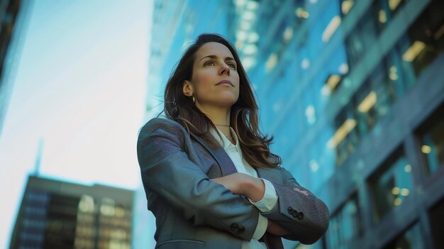 Photo confident business woman standing in front of a modern office building she is wearing a suit and has her arms crossed