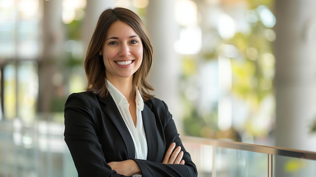 Confident business woman standing with arms crossed in modern office space