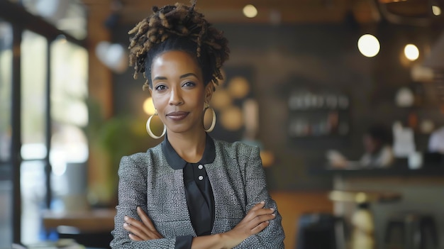 Confident business woman with arms crossed standing in a modern office space