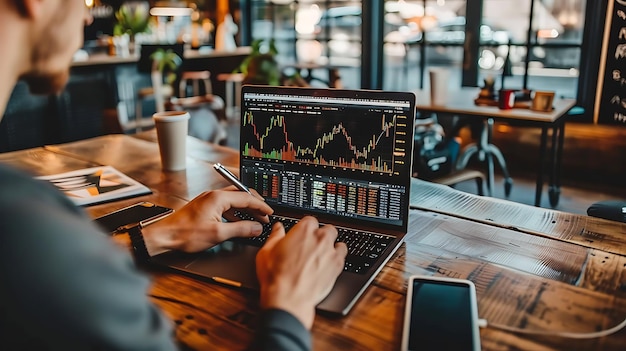 Confident businessman analyzing financial data on laptop while sitting in modern cafe Successful male trader working on startup company