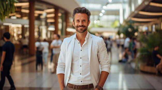 Confident Businessman in Casual Attire at a Shopping Mall