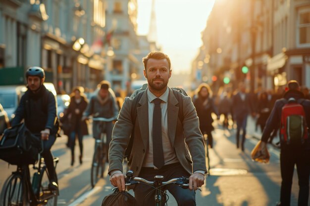 自信 の ある ビジネスマン が 都市 で 仕事 に 自転車 で 行く