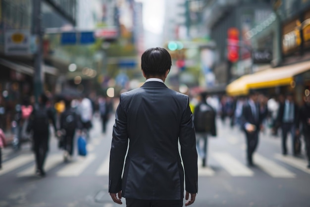 A confident businessman dressed in a sharp suit strolls down a bustling city street exuding sophistication and determination in his stride