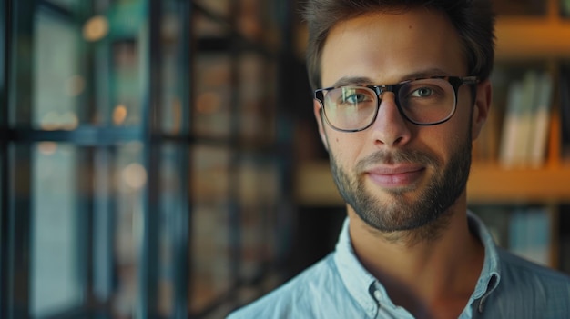 Confident businessman in glasses smiling for headshot portrait