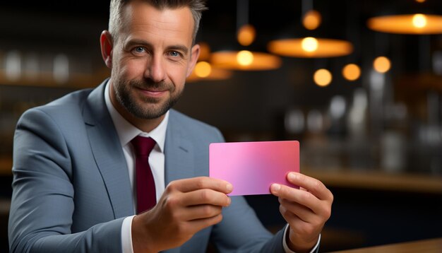 Foto un uomo d'affari fiducioso che tiene in mano un biglietto da visita sorridendo guardando la telecamera generata dall'intelligenza artificiale