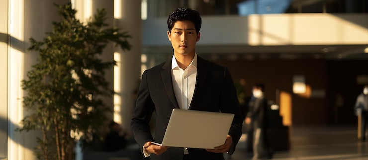 Photo 현대적 인 사무실 건물 에서 노트북 을 들고 있는 자신감 있는 사업가