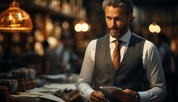 confident businessman holding smartphone looking at camera in city generated by artificial intelligence