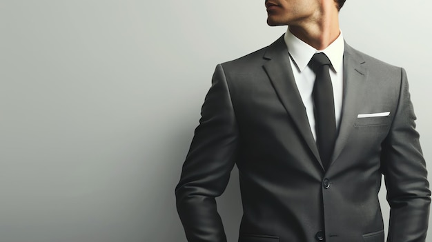 写真 灰色の背景に立っているスーツを着た自信のあるビジネスマン