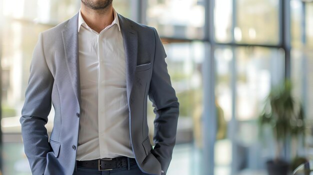 写真 オフィスに立っているポケットに手を入れたスーツを着た自信のあるビジネスマン