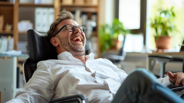 Un uomo d'affari fiducioso che ride seduto su una comoda sedia nel suo ufficio