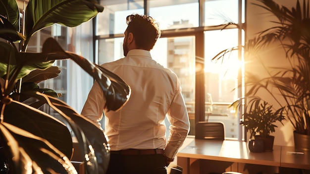 Photo confident businessman looking out the office window at the city