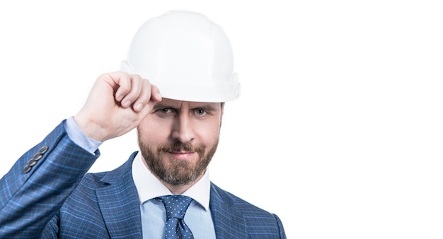 Photo confident businessman man in suit and helmet with greeting gesture isolated on white copy space welcome