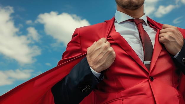 Photo confident businessman in a red suit adjusting tie under blue skies