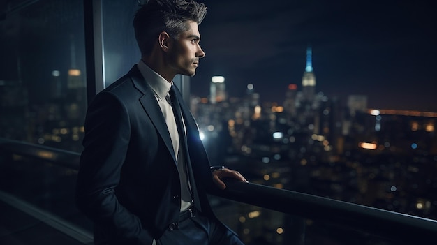 A confident businessman on rooftop balcony with the breathtaking night view Generative AI