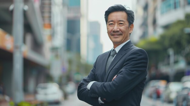 Confident businessman smiling outdoors city backdrop