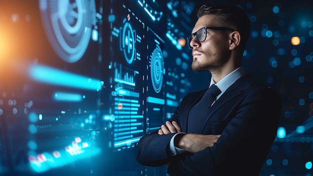 Уверенный бизнесмен стоит с светящимся цифровым интерфейсом на синем фоне