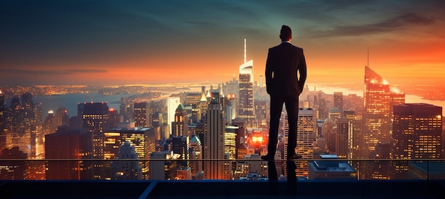 都市風景のシルエットを見ながら建物の屋根の上に立っている自信のあるビジネスマン