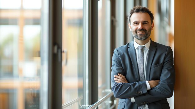 Confident businessman standing in front of windows in modern office building