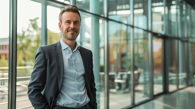 Confident businessman standing in modern office lobby looking at camera and smiling