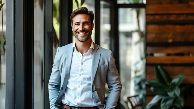 Confident businessman standing in modern office looking at camera and smiling