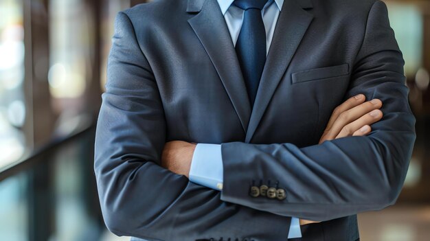 Confident businessman standing with arms crossed in modern office space