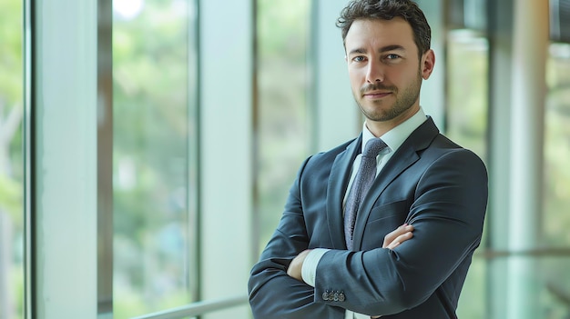 Photo confident businessman standing with arms crossed in modern office space