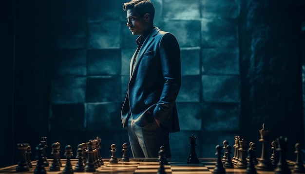 Confident businessman strategizes success on elegant chessboard generated by AI