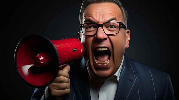 Confident businessman in stylish fashion studio using megaphone to make an announcement