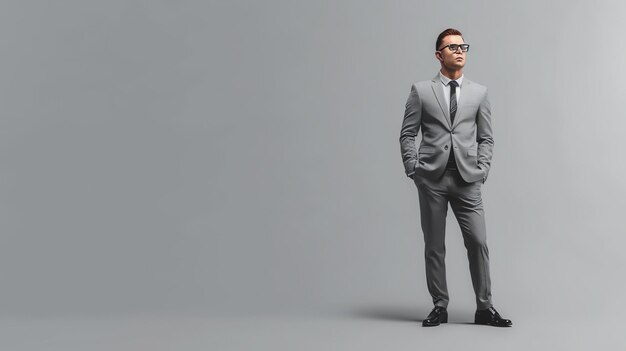 灰色の背景に隔離されたポケットに手を入れて立っているスーツとメガネの自信のあるビジネスマン