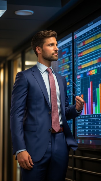Confident businessman in a suit looking at a large digital display of stock market data