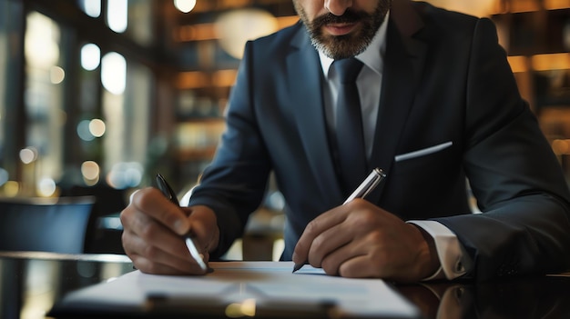 Confident businessman in suit and tie signing a contract or writing notes while sitting at a desk in an office or library with a blurred background