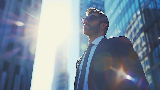 Photo confident businessman in sunglasses looking away while standing in the city