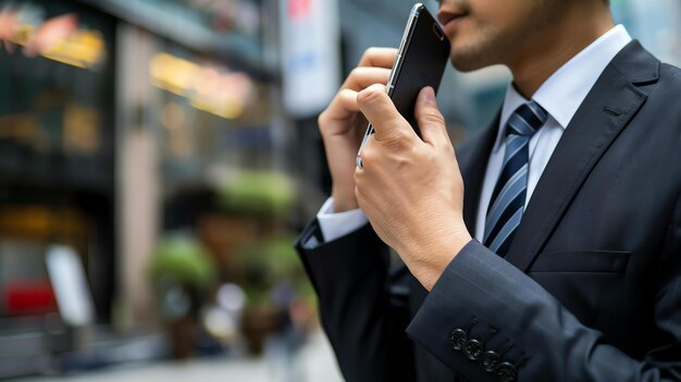 Photo confident businessman talking on the phone while walking down the street