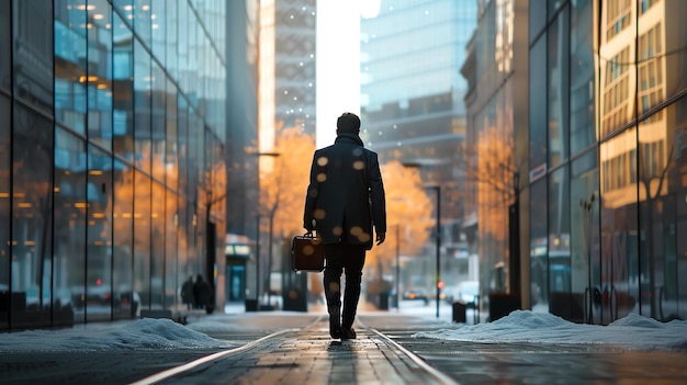 Confident businessman walking down the city street on his way to work