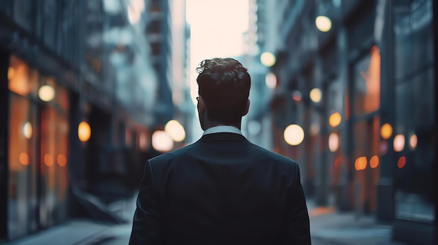 Photo confident businessman walking down the street looking at the city lights