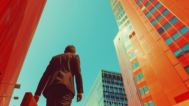 Photo confident businessman walking towards highrise buildings in modern city