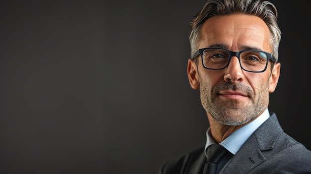 Photo confident businessman wearing glasses and suit looking at camera with a slight smile