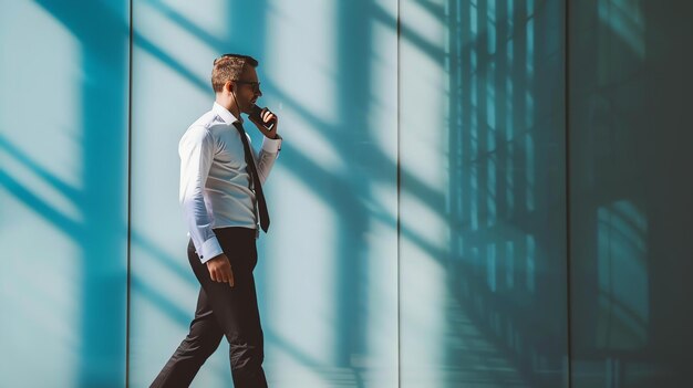 Photo confident businessman in white shirt and black pants walking and talking on the phone next to a modern glass wall with striped shadows