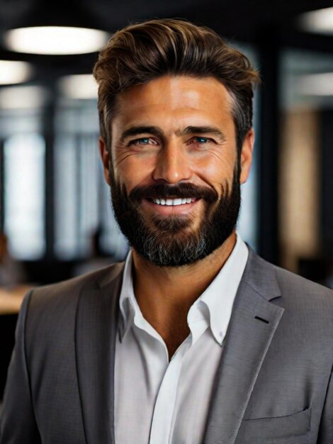 Photo confident businessman with beard smiling at camera