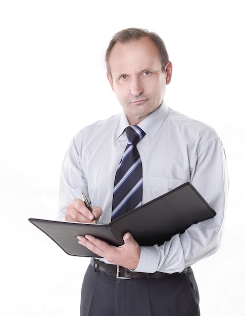 Confident businessman with clipboardisolated on white