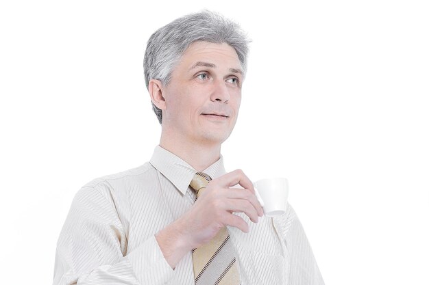 Confident businessman with Cup of coffeeisolated on white