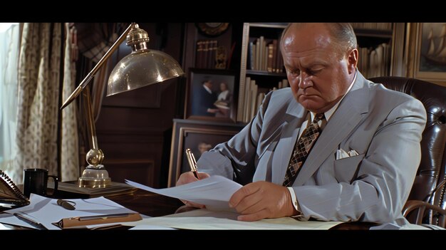 Photo confident businessman working at his desk in a 1950s office he is wearing a suit and tie on his desk is a phone and a stack of papers